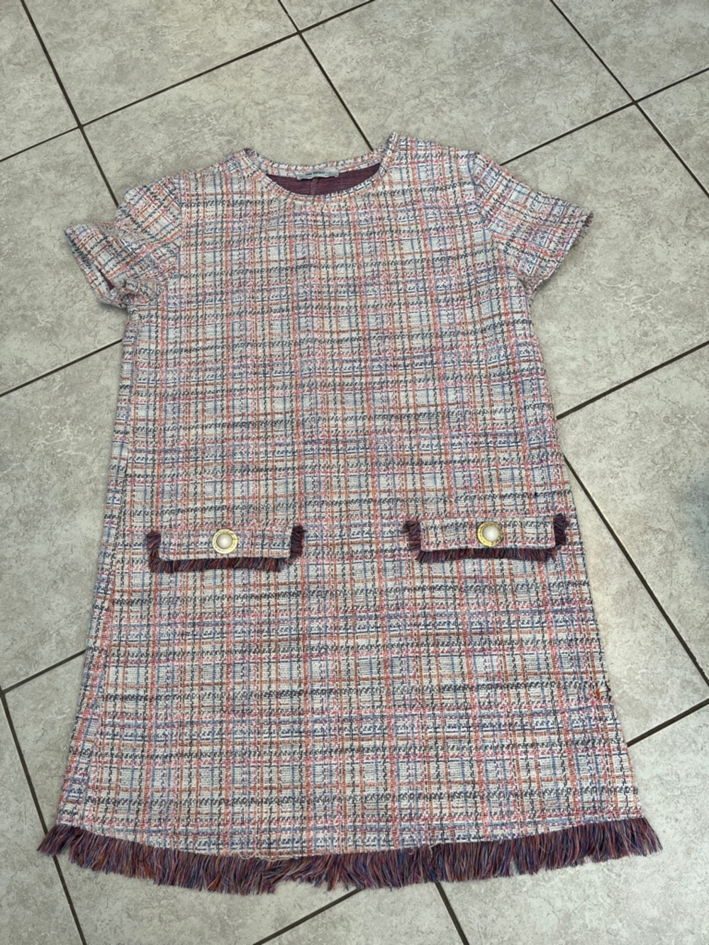 Zara Pink Multi Tweed Shift Dress with Fringe and Gold Buttons